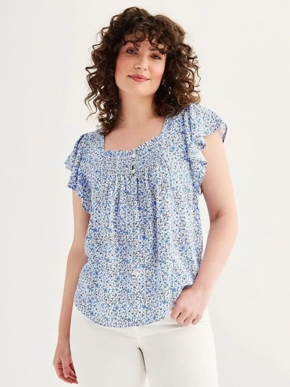 Draper James RSVP Flutter Sleeve Cottagecore Boho Smocked Square-Neck Blu Floral